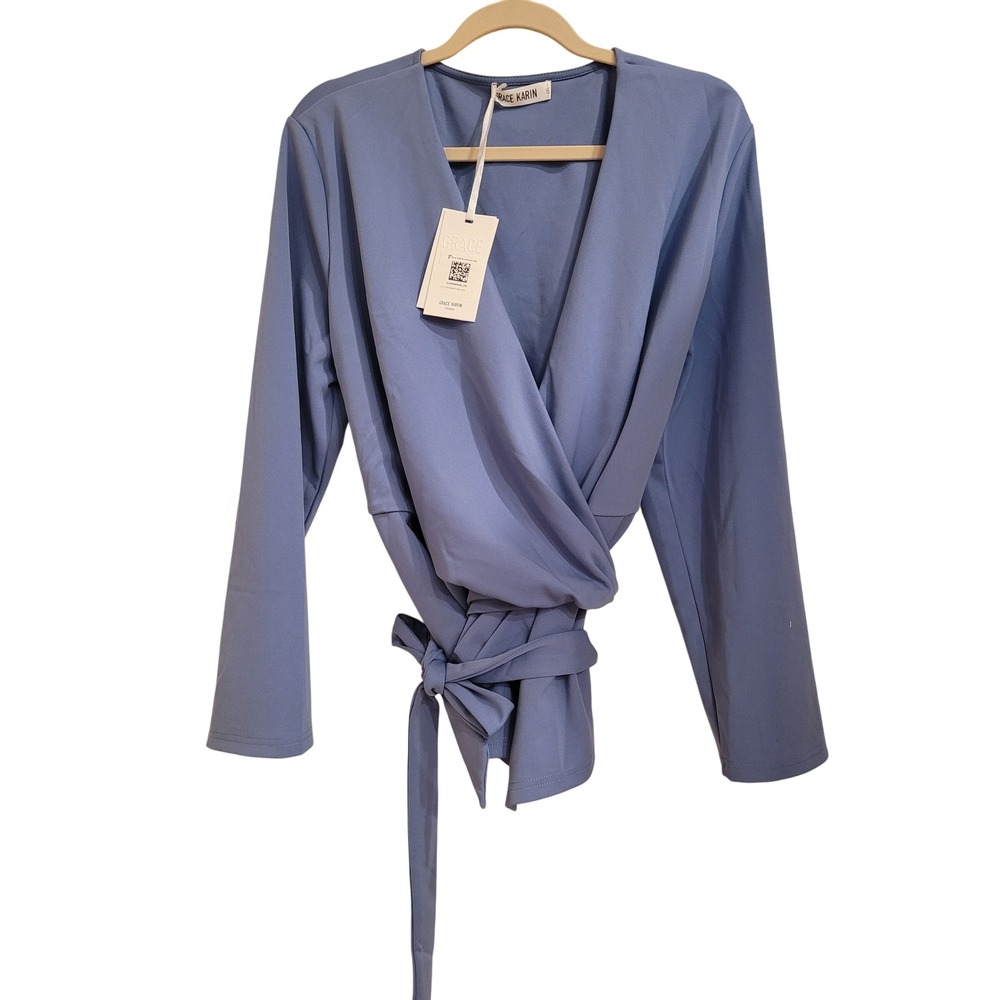 Grace Karin Womens Blue Wrap Top V-Neck Long Sleeve Tie Waist Blouse 2XL